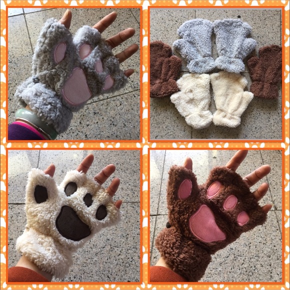 RE-STOCK Fluffy bear plush paw fingerless gloves - Picture 2 of 2
